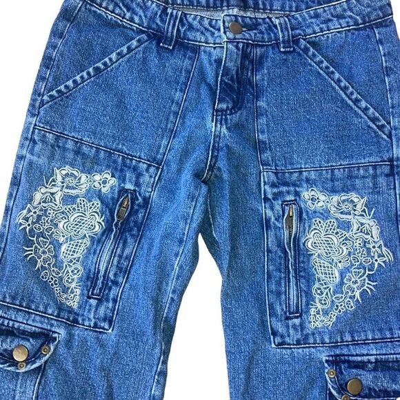 Y2K Size 2 Venus Cropped Utility Denim Jean Cargos 100% Cotton Embroidery Detail - Picture 5 of 8